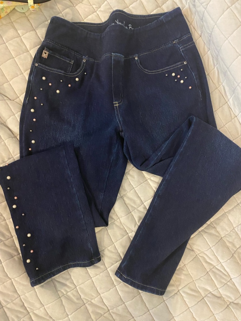 Belle by Kim Gravel Dark Blue Stretch Jeggings with Pearl Studs